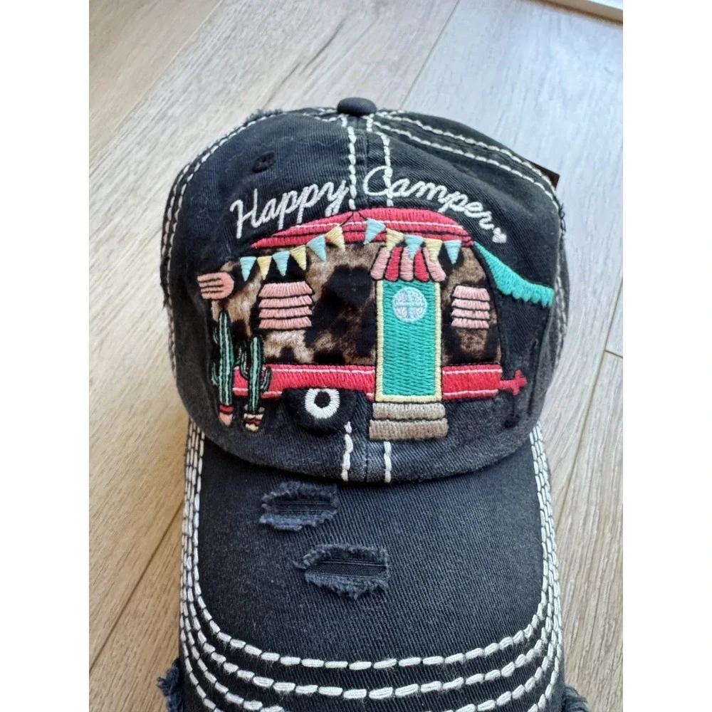 NWT KB ETHOS Happy Camper Hat Baseball Cap Embroidered Vintage RV Trailer